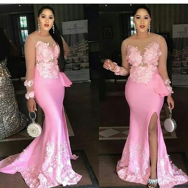 

arabic dubai slit mermaid evening dress sheer long sleeves pink flower formal prom party gowns vestidos de noche 2021, Black;red