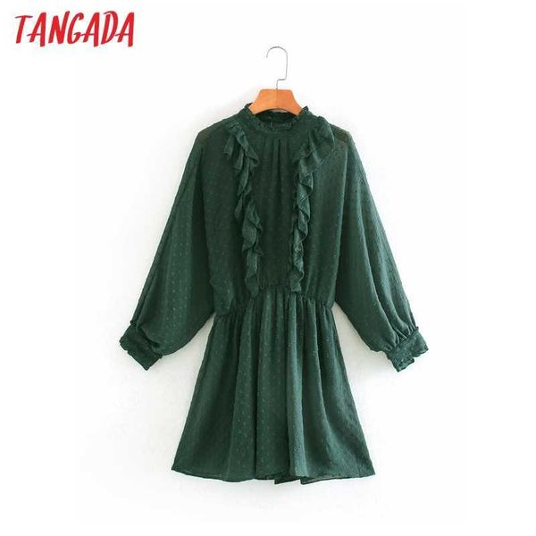 Tangada Mulheres Vintage Pontos Padrão Padrão Ruffles Cintura Elástica Manga Longa Macacões Senhoras Casuais Chic Jumpsuits 2W35 210609