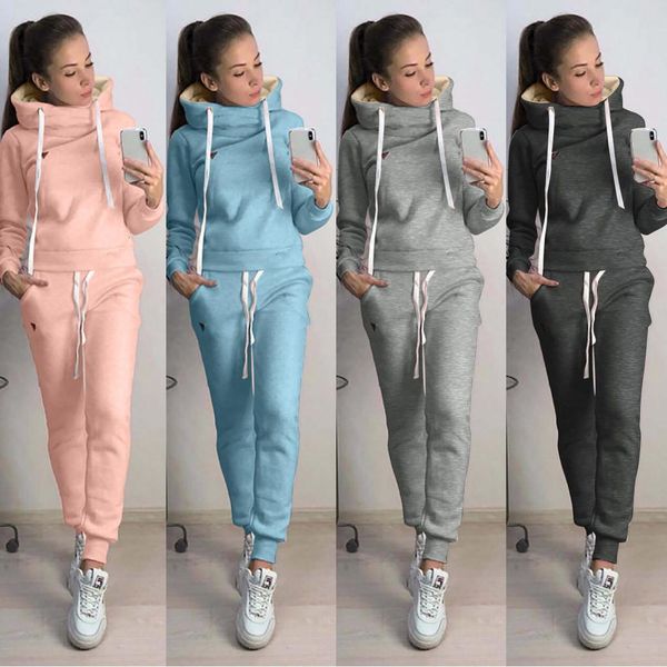 

winter 2 pieces sets outfits women casual solid hooded long sleeve sport +long pants set chandal mujer invierno #281024, Gray