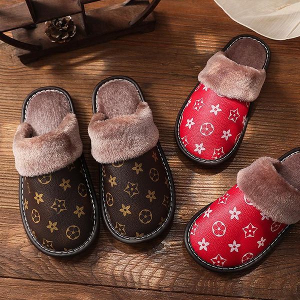 

slippers waterproof leather men indoor shoes home soft bottom footwear non-slip winter warm plush cotton women, Black