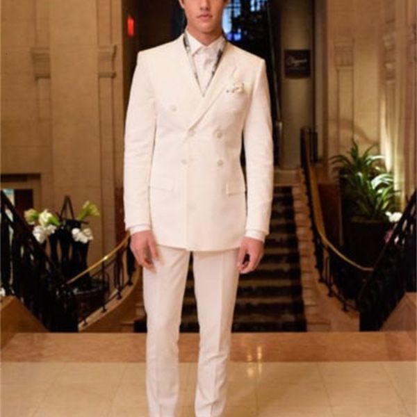 

men's suits & blazers custume double ivory homme breasted suit 3 fine fitting pieces (jacket + pants tie scarves) u2l0, White;black