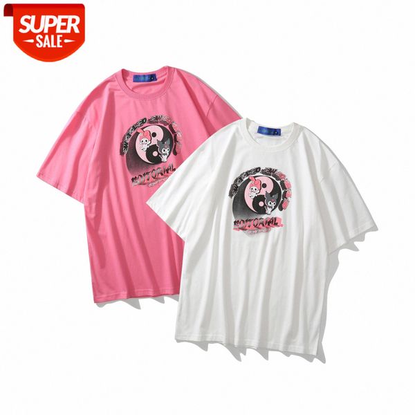 

lawfoo men's tai chi bunny print loose short sleeve t-shirt tee #ta9s, White;black