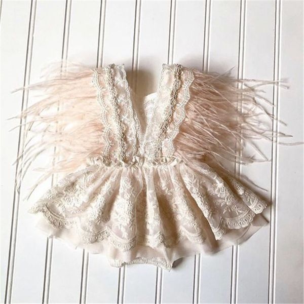 

2021 princess infant baby girls lace romper 0-24m white lace backless jumpsuit fashion summer sleeveless tassel feather rompers 210315, Blue