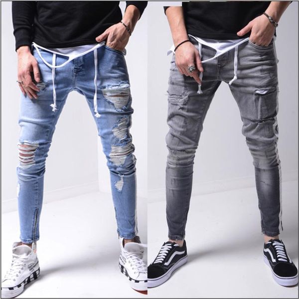 

men's jeans 2021 men's slim fit ripped feet pants micro-elastic men tight youth washed, Blue