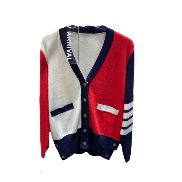 

autumn and winter 2021 wool cardigan women's v-neck tb sweater color matching loose coat versatile fashion, Black