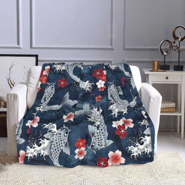 

blankets koi and sakura blossom in blue pattern lightweight blanket for home decor, bed, sofa, black, 50"x40"