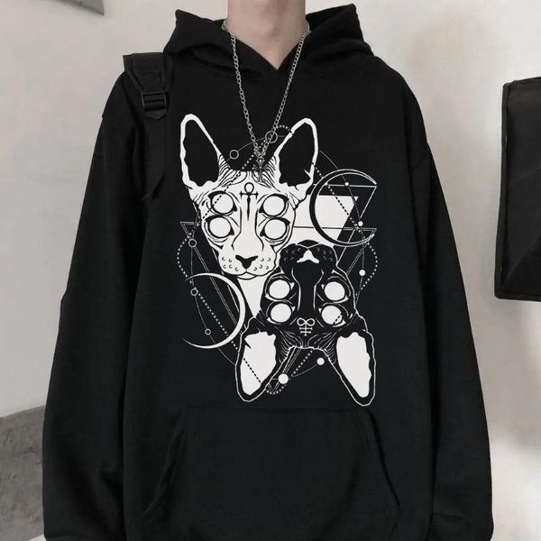 

women's hoodies & sweatshirts y2k gothic hoodie women dark sphynx cat printed sweatshirt pullover punk fashion men couple outfit oversi, Black