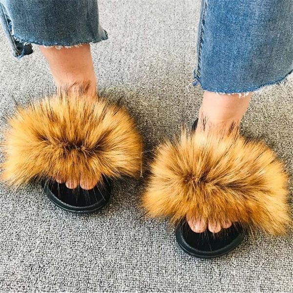 

new women furry faux fur slides ladies imitation fur fluffy beach flip flops natural plush mixed colors faux fur flat slippers y1120, Black