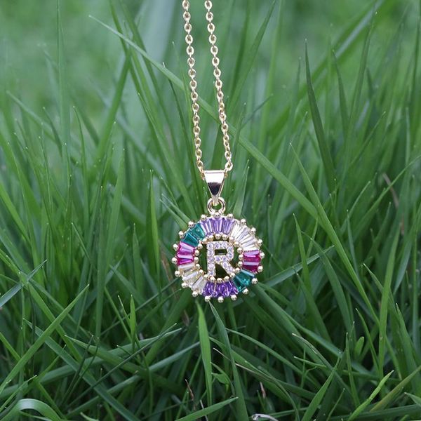 

chokers charm pave rectangle rainbow cz gold capital 26 initial alphabet letter a-z name glass chain choker pendant necklace women 2021, Golden;silver