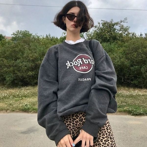 

crew fall pullover ne long sve hard ro printed loose women's sweater, Black