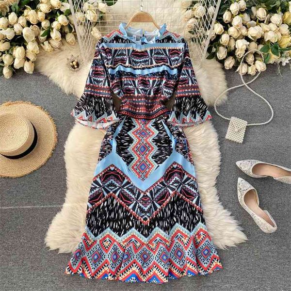 

ins spring fashion women a-line dress wooden ear round neck flare sleeve slim chic printed elegant vestidos r216 210527, Black;gray