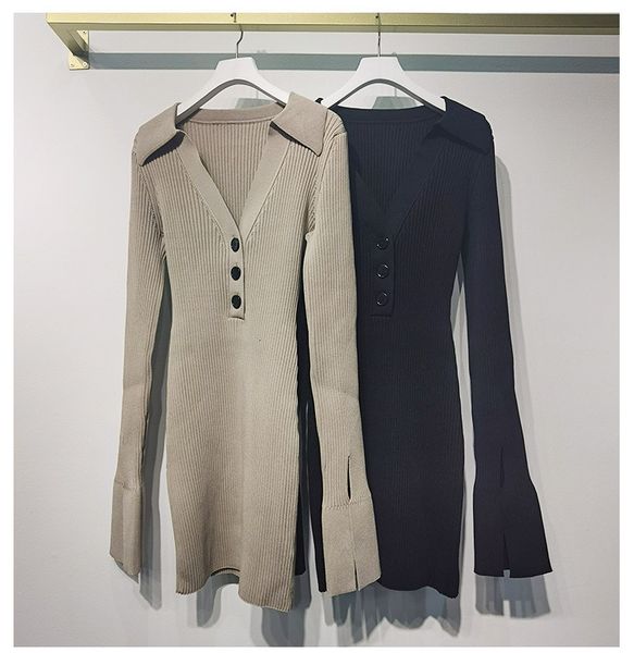 

2021 new women v-neck single-breasted knitted mini lady split long sleeve female slim knitwear short es vay7, Black;gray