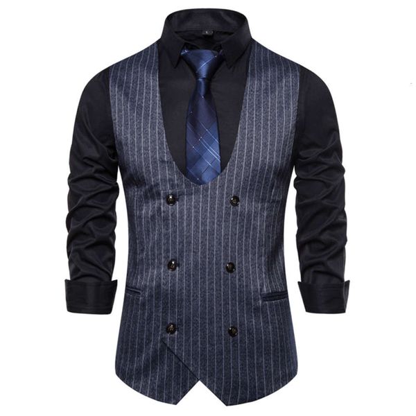 

2020 four seasons new men's casual u-shaped collar striped suit vest, White;black