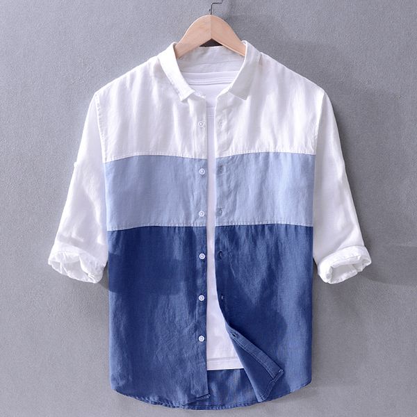 

2021 new chegada nova pure camisas marca patchwork manga trs-quartos do vero dos camisa de linho para os homens olso, White