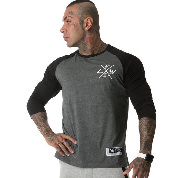 

2021 new casual cotton t mens gym fitness long sleeves t-shirt male running sport workout tees fashion patchwork print shirt k9gu, White;black