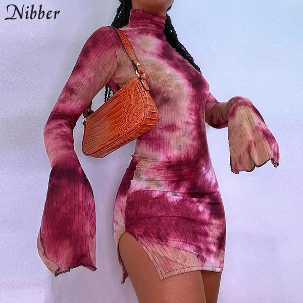 

nibber tie-dye printing petal sleeve half-high collar women's dresses casual elastic tight street colorful bodycon dresses p0809, Black;gray