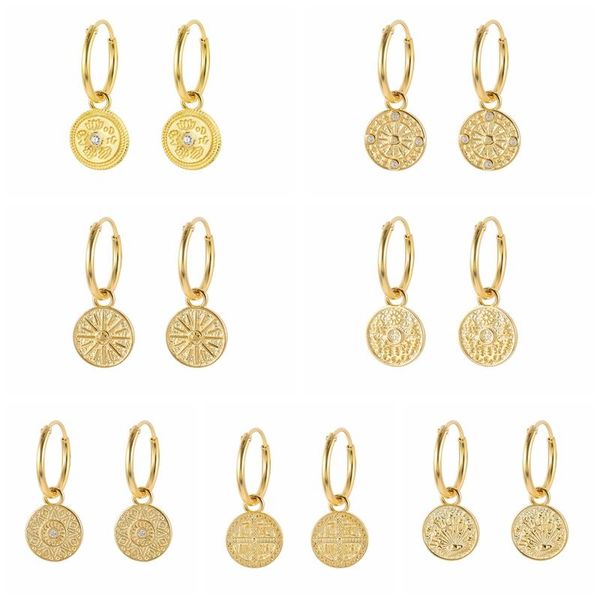 

hoop & huggie viny bohemian hippie r medallion earrings for women 925 sterling silver hoops pendientes plata piercing jewelry, Golden;silver