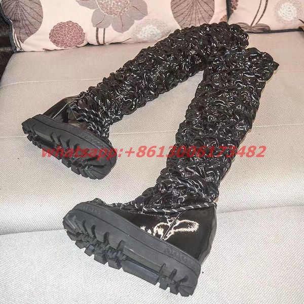 

boots woman black leather double platform inner wedge heel over the knee hidden lace up