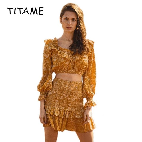

two piece dress titame 2021 summer bohemian print ruffle skirt off shoulder crop set orange casual street sweet women clothes, White