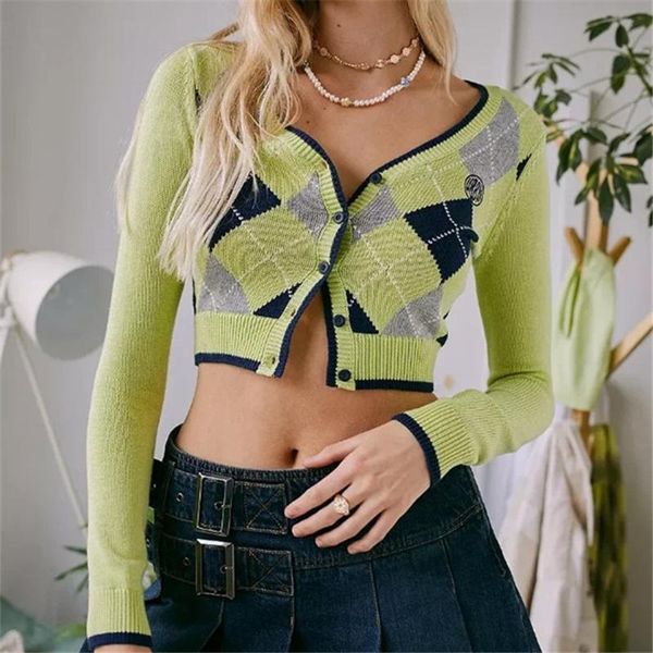 

women's knits & tees 2021 autumn winter knitted cropped cardigan women korean fashion short sweater long sleeve v neck plaid jacket coa, White