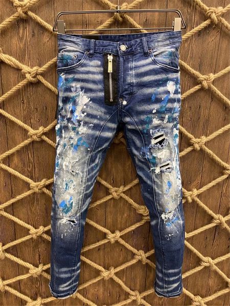 

21ss d2 mens jeans designer ripped skinny trousers motorcycle moto biker hole slim men's fashion brand denim hip hop pants a373 ds, Blue