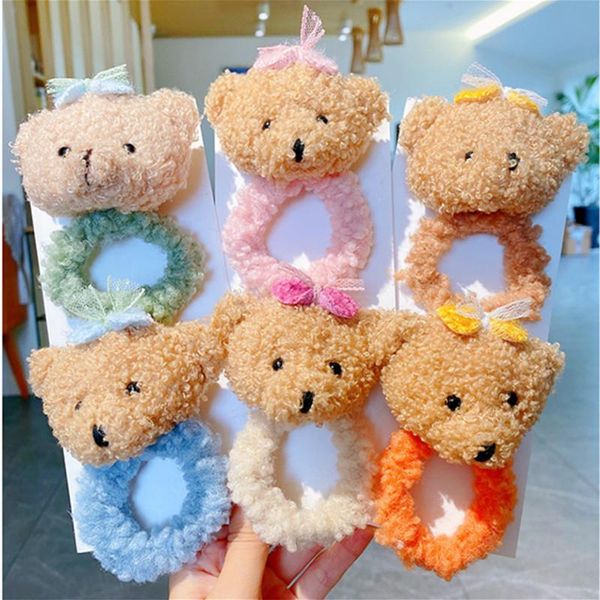 

hair accessories cute cartoon bear plush tie for girl kids lovely elastic rope ring bun ponytail holder rubber band child accessory, Slivery;white