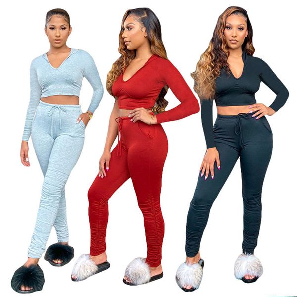 

2021 new solid color casual hooded crop shirt & trousers women sports suit autumn european and american selling two-piece set tds8, Gray
