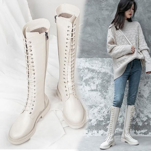 Мода INS High Boots Женщина Knights Knee Boots Утолщение Плюшевые Женщины Зимняя Обувь Британский Стиль Блокировка Каблук Шнурка