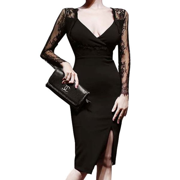 

2021 deep v neck lace long sleeve cocktail dress split side sheath office party dress robe de cocktail femme evening, Black;red