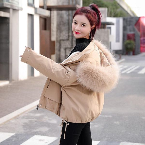 

women's down & parkas parker jackets women winter loose korean faux big fur collar plus velvet thick outwear lady short tooling cotton, Black