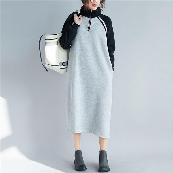 

casual dresses women long 2021 autumn winter korean simple style turtleneck loose comfortable female cotton dress s2359, Black;gray
