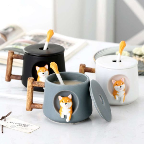 

cute cartoon animal shiba inu ceramic mug creative men and women couple with lid spoon drinking water coffee cup