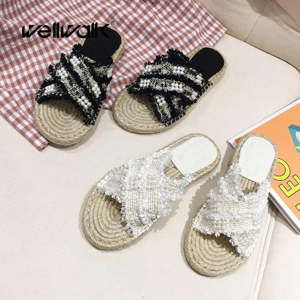 

slippers denim women flat espadrilles cross straps pearl female slip on slides summer spring shoe woman sandal fringe flip-flop, Black