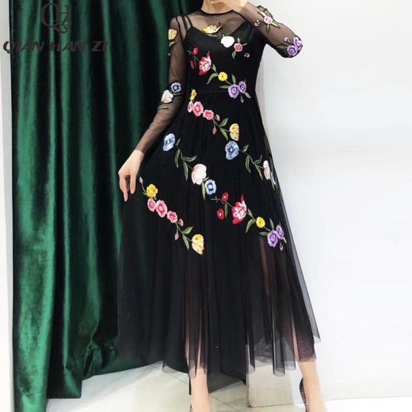 

casual dresses qian han zi 2021 summer designer runway dress women's long sleeve mesh embroidered slim party, Black;gray