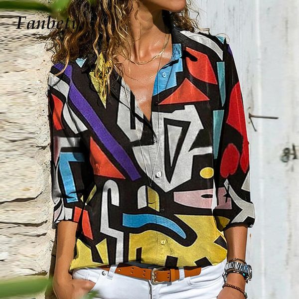 

2021 new women casual colorful block print blouse shirt autumn elegant turn-down collar button office lady plus size blusa 5xl d0tm, White;black