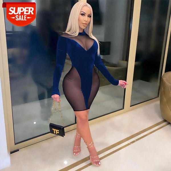 

hirigin women long sleeve velvet mesh patchwork see though bodycon midi dress bandage club party pencil dresses vestidos #rk1m, Black;gray