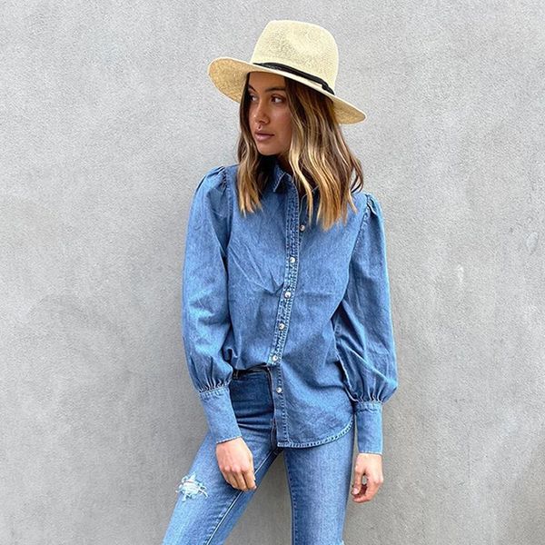 

women's blouses & shirts woman casual lantern sleeves turn down collar slim denim office basic single breasted regular shirt 2021 chic, White