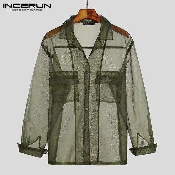 

fashion see through button camisa man casual lapel neck thin blouse streetwear incerun men leisure mesh long sleeve shirts 5xl 7, White;black
