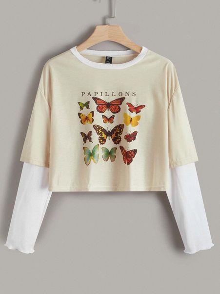 

plus letter & butterfly print drop shoulder 2 in 1 tee y7jp#, Black
