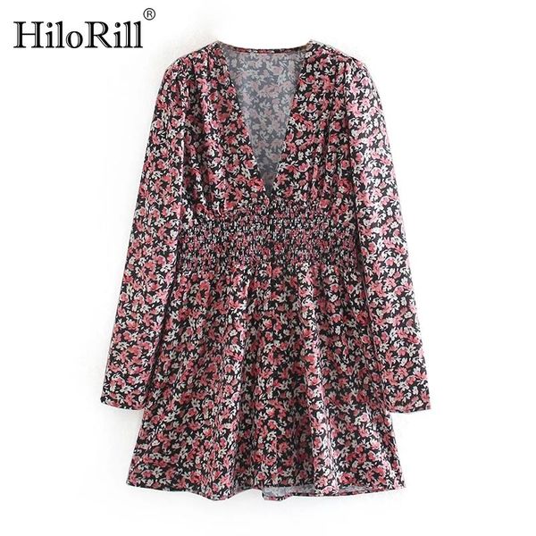 

hilorill women boho floral print dress deep v neck beach dress sundress long sleeve loose lady mini dresses vestidos mujer, Black;gray