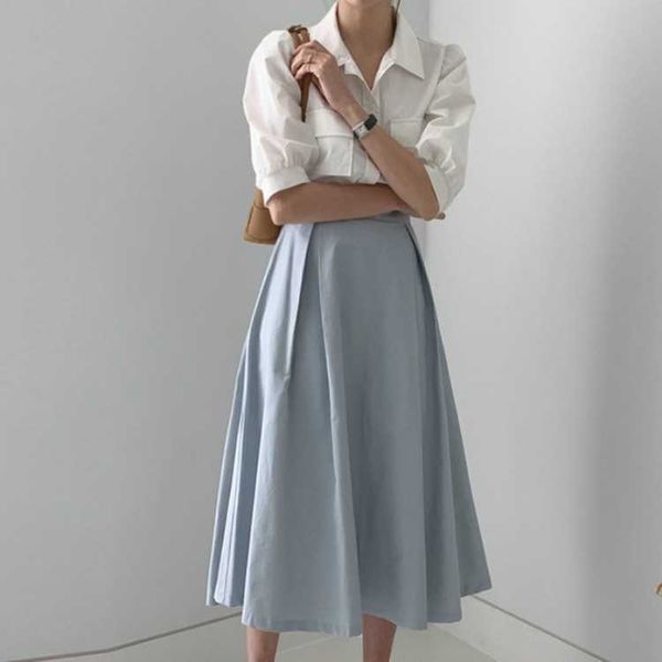 

women two piece outfits summer retro wear thin loose puff sleeve white shirt +a skirt suit 210607