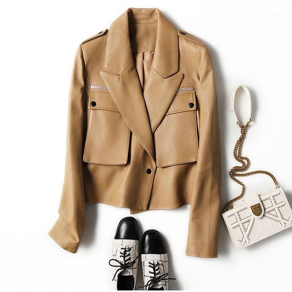 

women's leather & faux genuine jacket spring women 2021 arrival brand big pocket outerwear suede coat real sheepskin jackets solid clot, Black