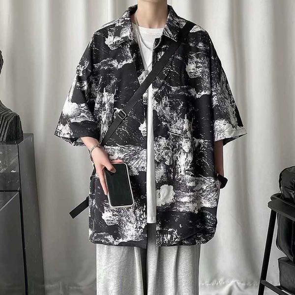 

men's casual shirts summer short-sleeved fashion printed men streetwear loose tie-dye mens hawaiian -2xl ya4x, White;black