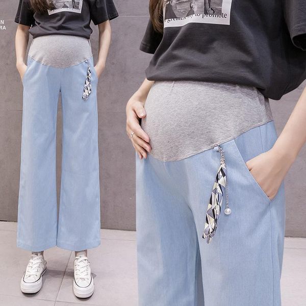 

maternity bottoms 2021 pregnant women summer tencel pants fashionable belly jeans loose wide-legged light blue pregnancy trousers, White