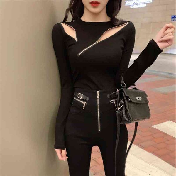

t shirt women short round neck long sleeve slim hollow out zipper t-shirt female tee shirt, White