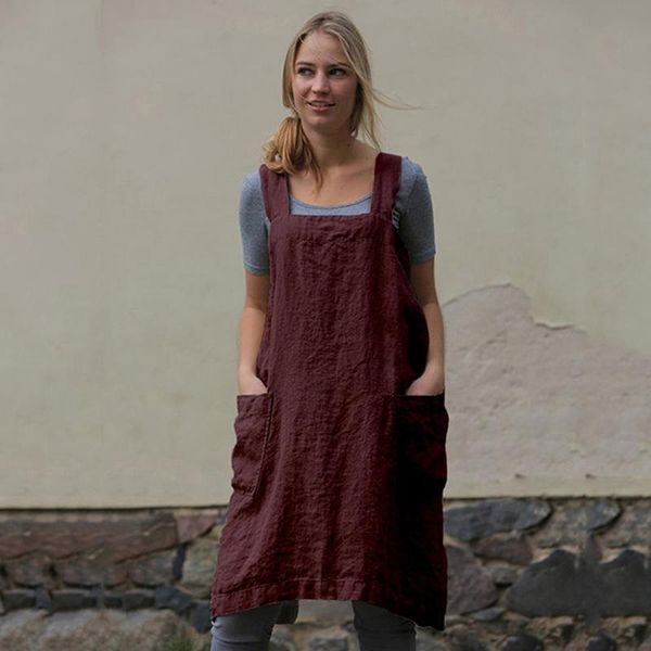 

casual dresses medieval washed cotton linen kitchen apron for cooking baking flower shop ruffles work clean woman uniform lady dress, Black;gray