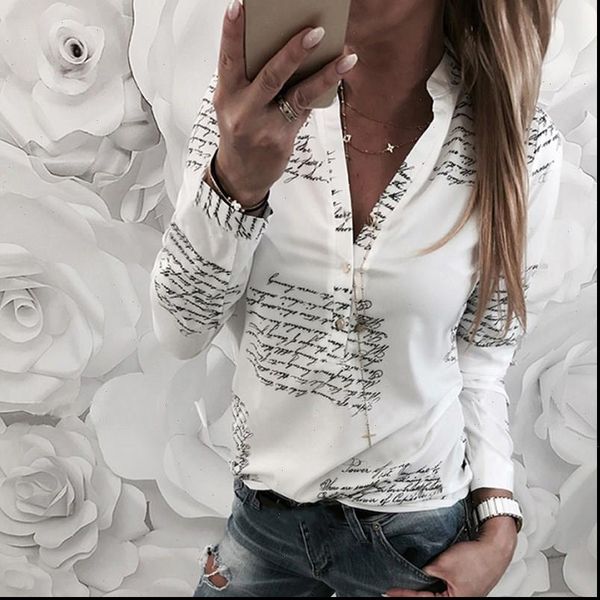 

women blouses long sleeve v neck letter printed office shirt chiffon blouse shirt femme casual plus size blusas femininas, White