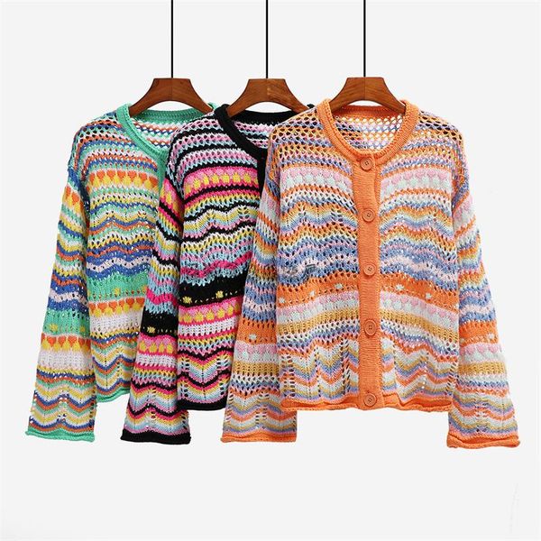

women's knits & tees kalenmos striped cardigan loose rainbow knit round neck flared sleeve single-breasted sweater woman cardigans, White