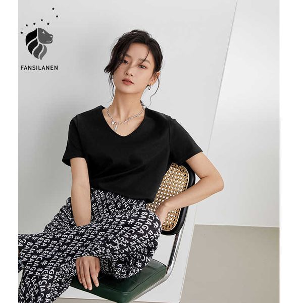

fansilanen office lady 100% cotton v-neck short sleeve t-shirt women summer casual loose clothing 210607, White