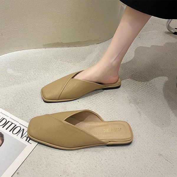 

slippers shoes casual slides square toe slipers women female mule luxury soft flat cover 2021 mules rubber rome bonded leather p, Black